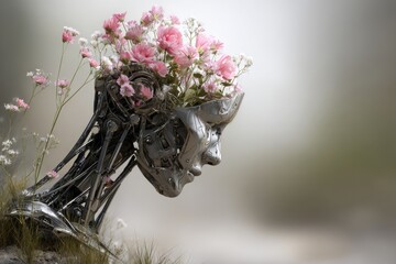 Mechanical Head with Pink Flowers, Futuristic Botanical Portrait