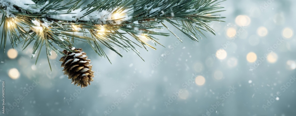 Poster the pine branch adorned with snow and twinkling lights in a serene setting