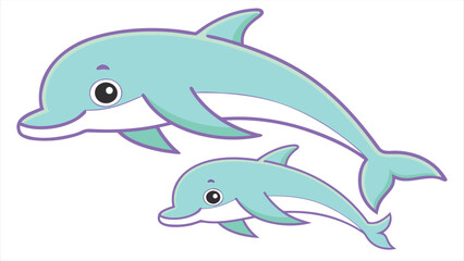 Fototapeta premium Cartoon flat mother and calf dolphin pair pastel.