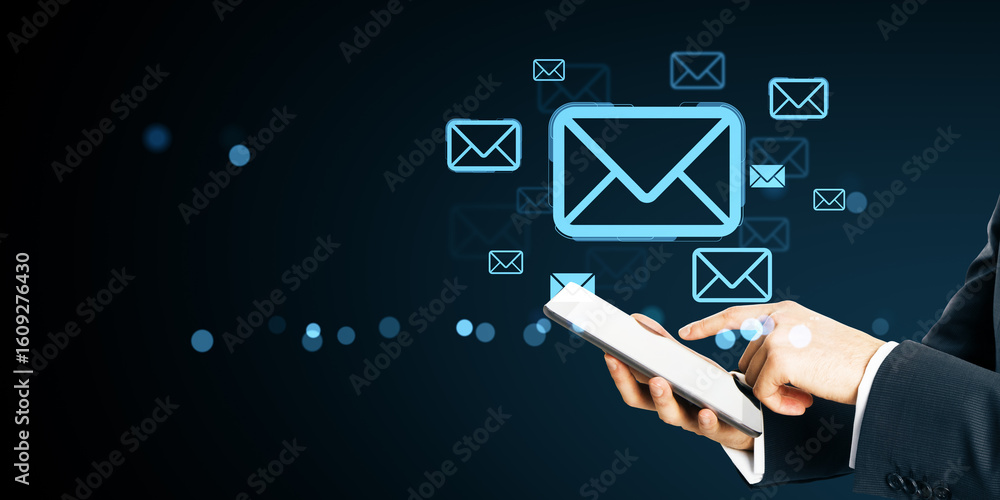 Poster businessman using smartphone with floating digital email icons on dark background representing onlin