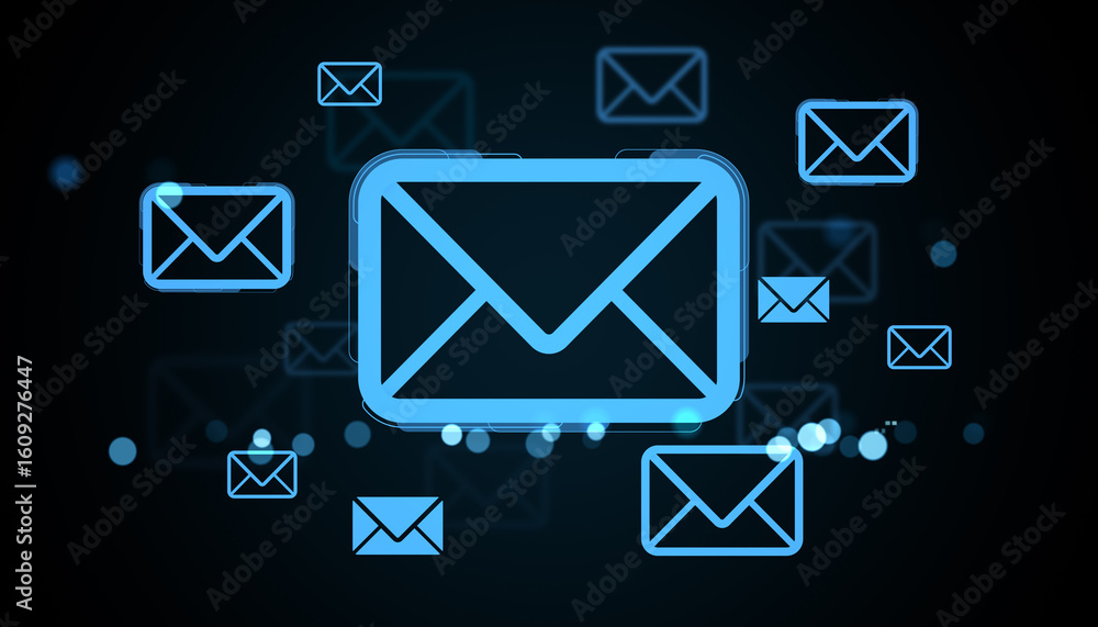 Poster glowing blue email envelope icons floating on a dark digital background representing communication a