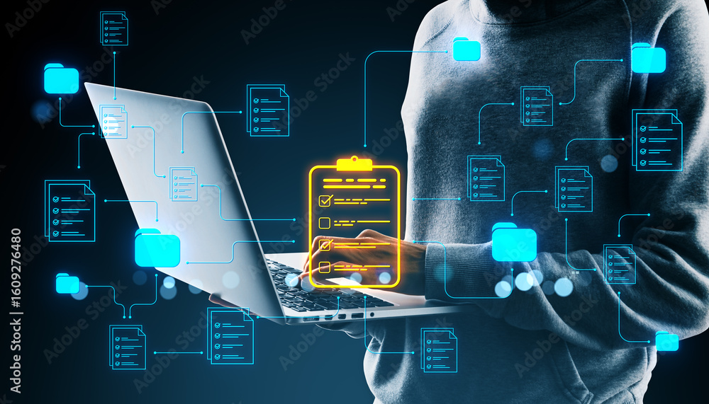 Poster digital document and data management system displayed on laptop with neon icons in futuristic networ