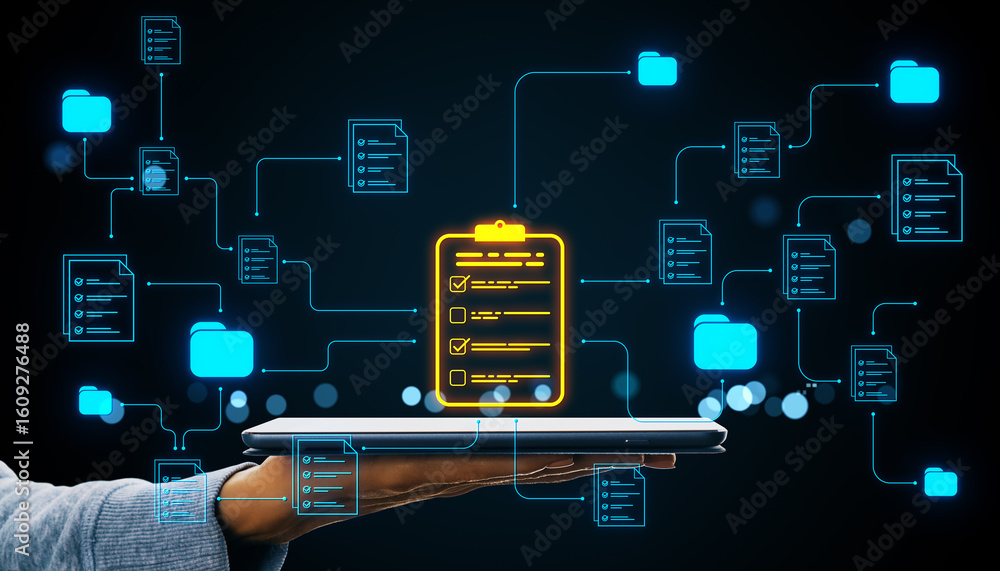 Poster digital document management system with neon icons and checklist interface floating above a tablet, 