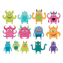 Naklejka premium ten colorful cartoon monsters arranged in two rows, cheerful flat vector style, clean