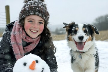 Nature adventures on cloudy snowing for children and canine. A h