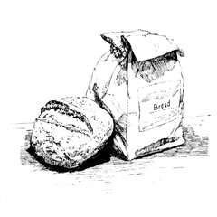 Vintage Ink Drawing of Rustic Bread and Paper Packaging. This black-and-white hand-drawn illustration features a round loaf of crusty bread next to a labeled paper bag, evoking a traditional bakery 