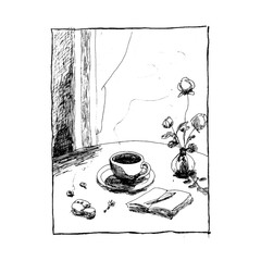 Cozy Ink Illustration of Coffee by the Window with Book and Flowers. This delicate black-and-white ink drawing captures a quiet moment: a steaming cup of coffee on a round table beside a window 