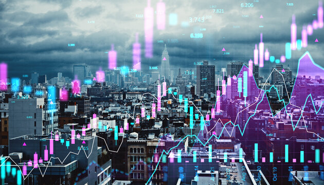 Financial market graphs and data charts over modern city skyline with digital interface display and glowing elements showing investment trends.