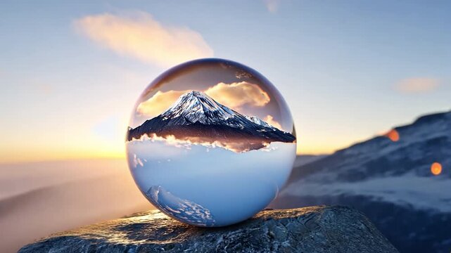 Crystal ball reflects stunning mountain landscape at sunset, showcasing vibrant colors and serene atmosphere, evoking sense of wonder in natures beauty.