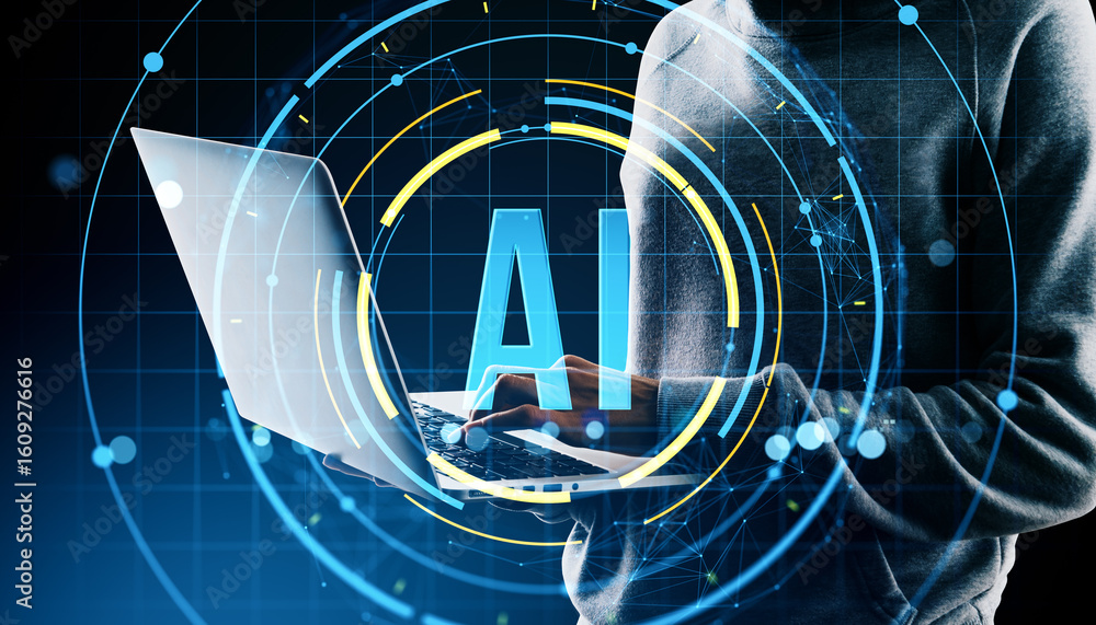 Poster person using laptop with glowing ai interface and neural network digital elements on futuristic blue