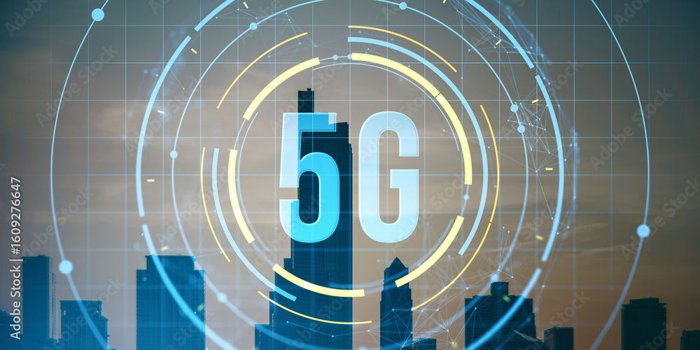 Poster 5g digital interface with futuristic circular hud over city skyline background symbolizing high-spee