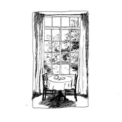 Vintage Ink Illustration of a Table by the Window with Garden View. This hand-drawn black-and-white illustration depicts a small round table set for two near a tall window with curtains