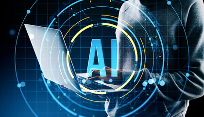 Person using laptop with glowing AI interface and neural network digital elements on futuristic blue tech background for artificial intelligence concept.