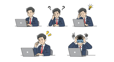 Business professional experiencing various work related emotions and challenges at their desk