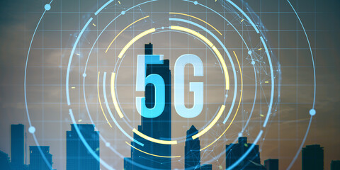 5G digital interface with futuristic circular HUD over city skyline background symbolizing high-speed mobile internet and modern virtual network.