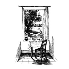 VHand-Drawn Ink Illustration of Scenic Window View with Table and Chair. This vintage-style ink drawing captures a serene interior with a single chair and table set beside an open window