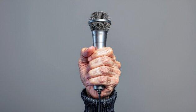 One hand holding a microphone raised high up on a dark solid color background. 3D rendering.