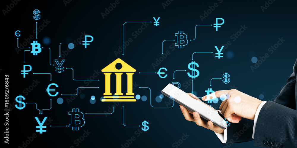 Poster digital banking interface with global currency icons and user interacting on smartphone screen in fi