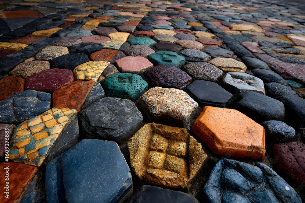Poster multicolored cobblestone pavement creating beautiful geometric patterns