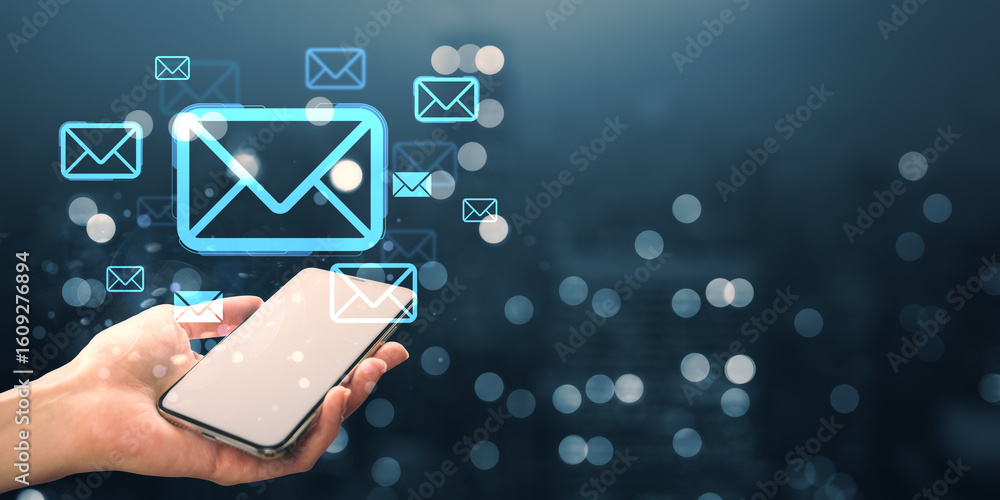 Poster digital communication concept with email icons floating above smartphone screen in hand on dark blur