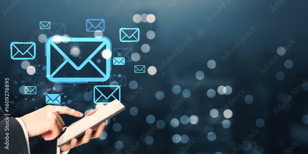 Poster person using tablet with glowing email icons in digital interface on dark background representing on