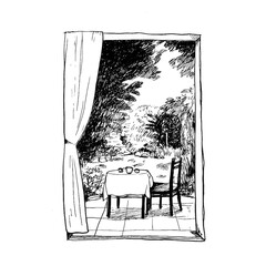 Vintage Ink Drawing of Garden View with Table and Chair on Terrace. This charming black-and-white ink illustration shows a peaceful garden seen through an open doorway