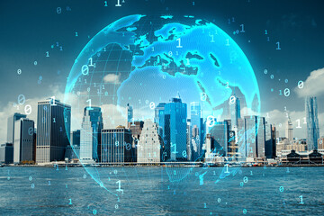 Digital globe and binary data overlay on modern cityscape showing global network and virtual cyberspace connectivity concept in business world.
