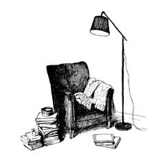 Cozy Reading Corner Ink Illustration with Armchair and Lamp. This hand-drawn black-and-white illustration depicts a comfortable armchair draped with a blanket, surrounded by stacks of books 
