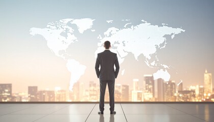 A man in a suit with a three-dimensional world map in the background