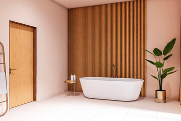 Modern luxurious bathroom interior with white bathtub, wooden wall accents, plant decor and minimalist furniture in empty aesthetic space. 3D Rendering