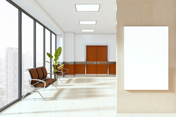 Modern office waiting area with city view, featuring brown seating, large windows, and vertical blank mockup canvas on beige wall. 3D Rendering