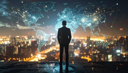 A man in a suit with a three-dimensional world map in the background
