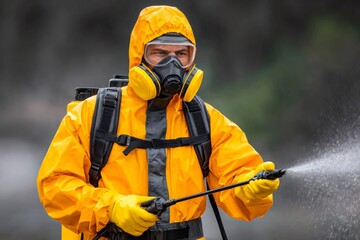 Man wearing hazmat suit spraying disinfectant outdoors