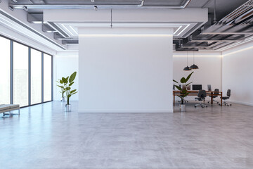 Modern open office interior with large blank wall for poster mockup and city view through tall windows in bright corporate workspace. 3D Rendering
