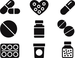 Black and white vector illustrations of various pills medications and pharmaceutical drug icons.