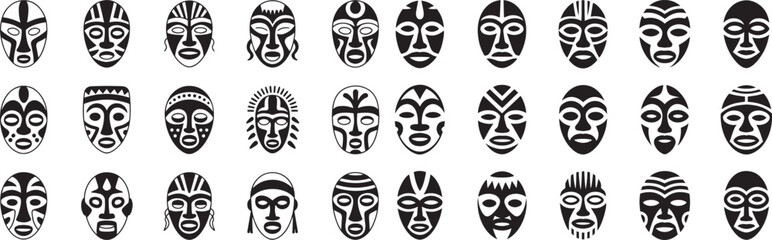 Tribal Mask Icons – African & Polynesian Ink Vector Set