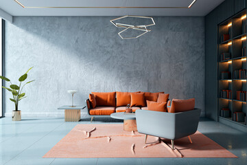 Modern lounge area with orange sofa, armchair, bookshelves, and geometric lighting in a stylish corporate or hotel interior space corner. 3D Rendering