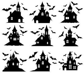 Set of nine haunted house silhouettes with flying bats for Halloween