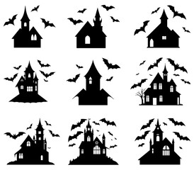 Set of nine haunted house silhouettes with flying bats for Halloween