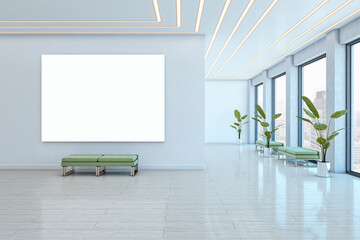 Blank poster mockup on wall in modern corridor with green benches and large windows in bright office interior setting. 3D Rendering