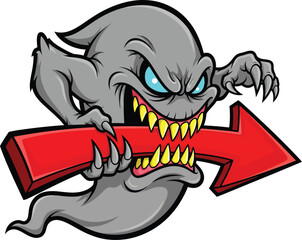 Angry Ghost Monster Mascot Biting Red Arrow Cartoon Vector