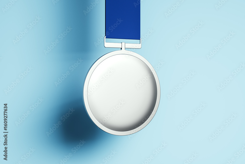Poster silver medal mockup with blank front on blue ribbon and soft gradient background for branding or awa