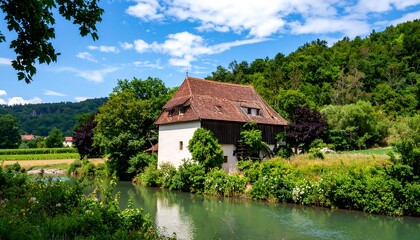 Obraz premium Picturesque riverside mill with lush green surroundings and vibrant blue skies