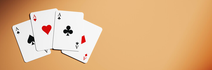 Four aces playing cards isolated on clean gradient background with copy space for casino game promotion or gambling-themed banner template. 3D Rendering