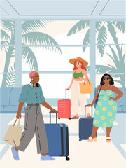 Diverse summer travelers at an airport with suitcases. Smiling people excited for a tropical vacation. Bright, cheerful scene with travel and holiday vibes. Flat vector illustration