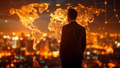 Fototapeta premium A man in a suit with a three-dimensional world map in the background