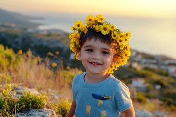 Golden hour in sunset. Happy vacation time holidays conceptual art. Happy caucasian toddler boy with black hair wearing yellow flower crown on his head. Gentle summer breeze on a boyâ€™s face.