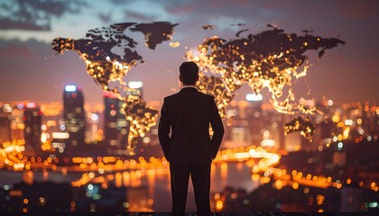 A man in a suit with a three-dimensional world map in the background