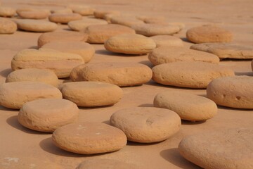Smooth rounded light brown pebbles arranged on a sandy surface