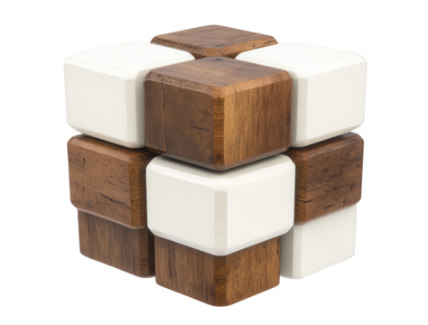 Wooden cube puzzle with contrasting colors, perfect for problem-solving and creative thinking